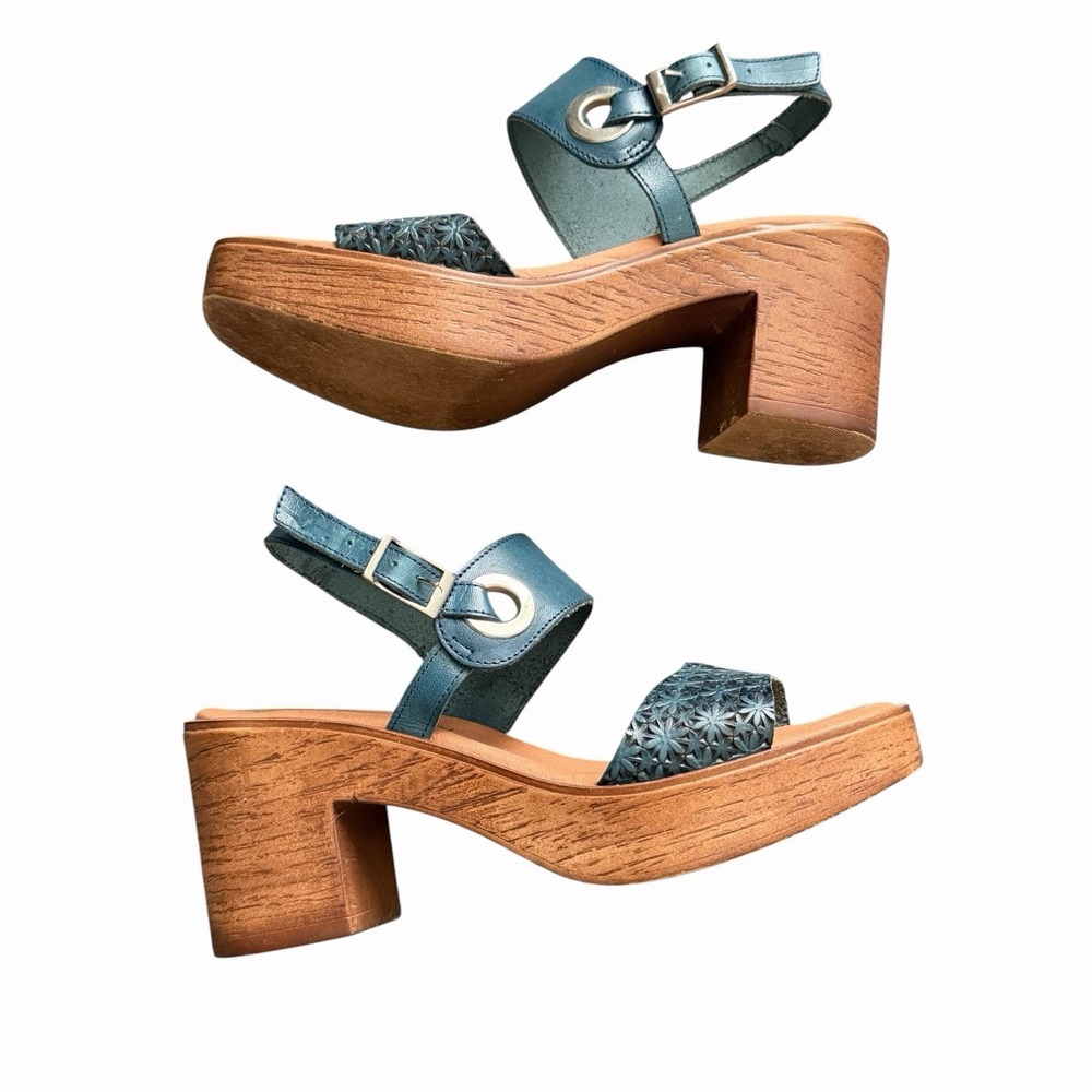Eric Michael Spain Leather Platform Sandals US 7.5 EU 38 Green Floral Block Heel - Picture 7 of 11